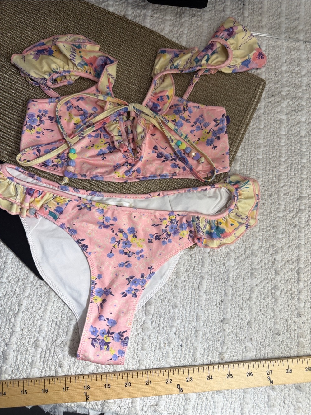 LoveShackFancy XS Pink Floral Ruffle Bikini Set Beaded Tie Front Coquette - Picture 3 of 11